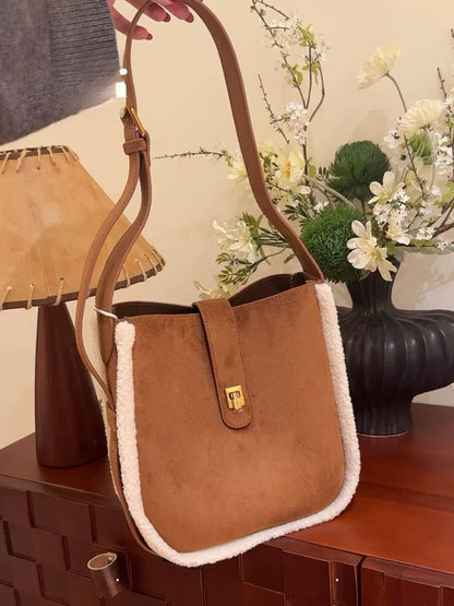 Deerskin velvet bucket bag Winter velvet sense one-shoulder crossbody bag for women all commute stylish simple bag