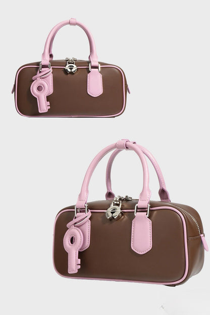 Pink brown bowling bag niche design High quality cowhide premium touch Tote bag crossbody bag