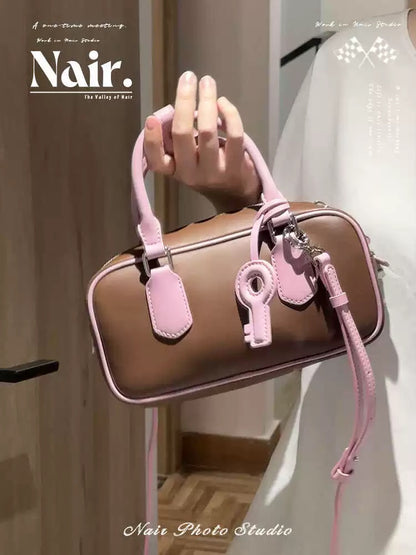 Pink brown bowling bag niche design High quality cowhide premium touch Tote bag crossbody bag