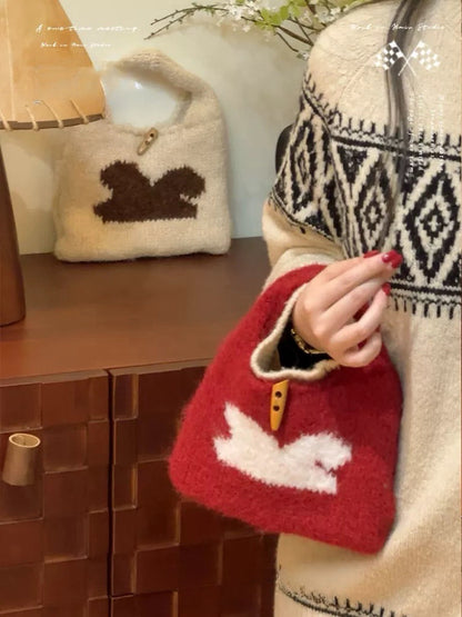 Knitted rabbit handbag Christmas atmosphere sense Small hand bag autumn and winter cute horn buckle hand bag