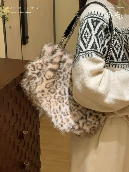 Leopard print faux fox fluffy bag atmosphere sense of personality single-shoulder cross bag female autumn winter