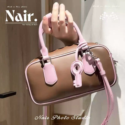 Pink brown bowling bag niche design High quality cowhide premium touch Tote bag crossbody bag