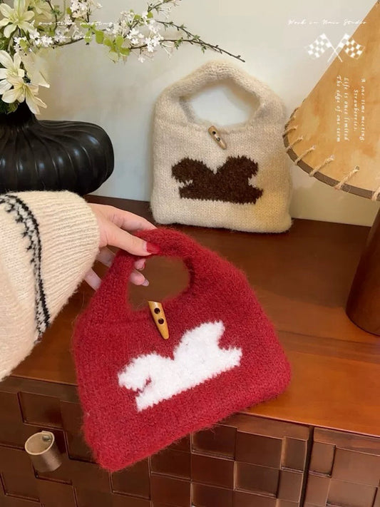 Knitted rabbit handbag Christmas atmosphere sense Small hand bag autumn and winter cute horn buckle hand bag