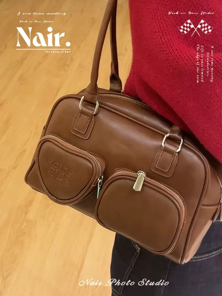 Double pocket brown Tote bag Premium preppy women's hand bill shoulder bag niche premium touch bag