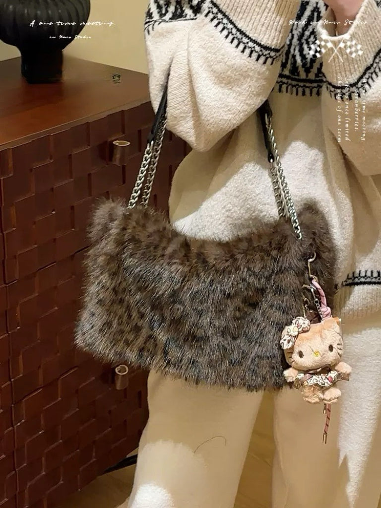 Leopard print faux fox fluffy bag atmosphere sense of personality single-shoulder cross bag female autumn winter