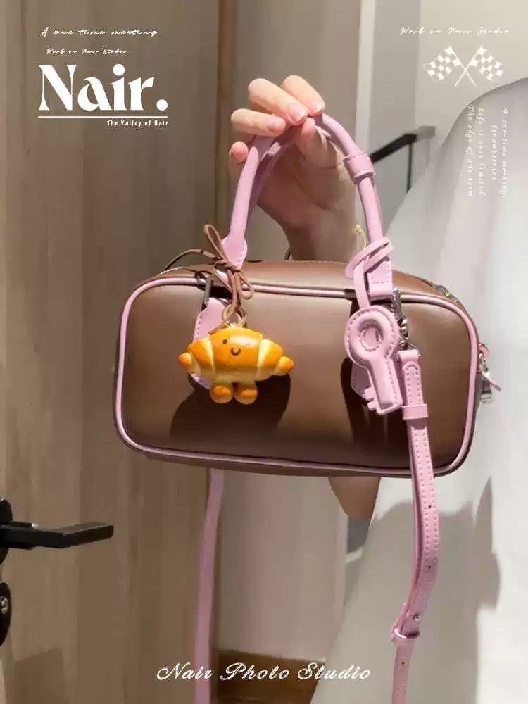 Pink brown bowling bag niche design High quality cowhide premium touch Tote bag crossbody bag