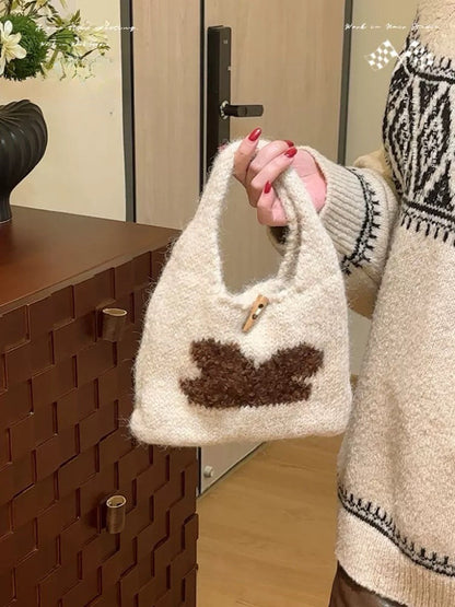 Knitted rabbit handbag Christmas atmosphere sense Small hand bag autumn and winter cute horn buckle hand bag