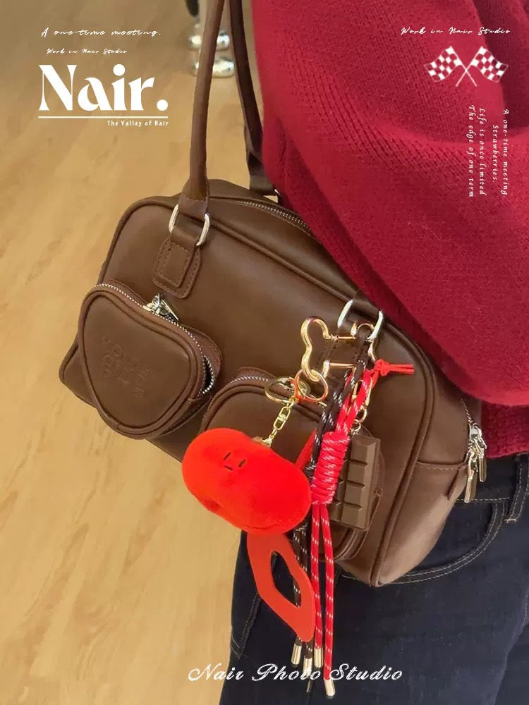 Double pocket brown Tote bag Premium preppy women's hand bill shoulder bag niche premium touch bag