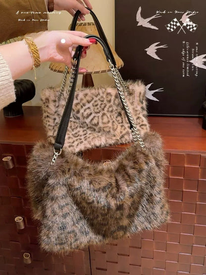 Leopard print faux fox fluffy bag atmosphere sense of personality single-shoulder cross bag female autumn winter