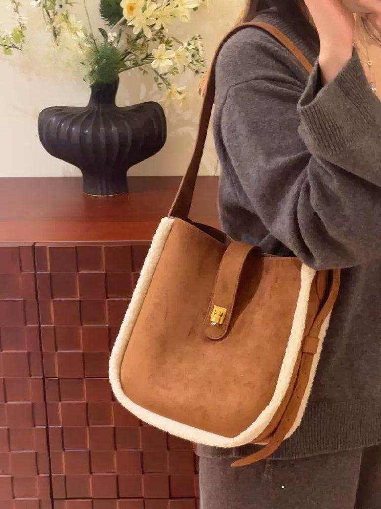 Deerskin velvet bucket bag Winter velvet sense one-shoulder crossbody bag for women all commute stylish simple bag