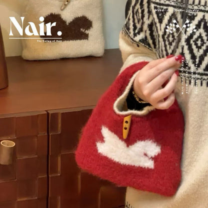 Knitted rabbit handbag Christmas atmosphere sense Small hand bag autumn and winter cute horn buckle hand bag