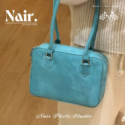 Lake blue suede Boston bag color ins sense shoulder handbag small handbag women senior