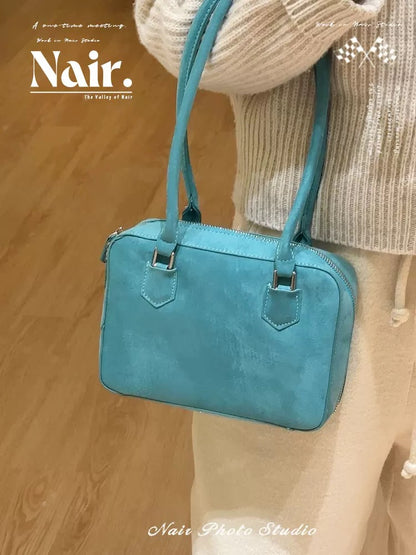 Lake blue suede Boston bag color ins sense shoulder handbag small handbag women senior