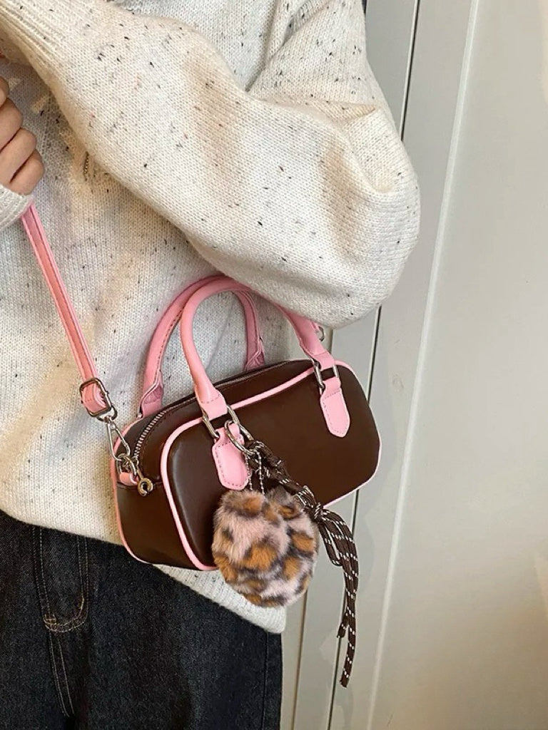 Pink brown bowling bag niche design High quality cowhide premium touch Tote bag crossbody bag