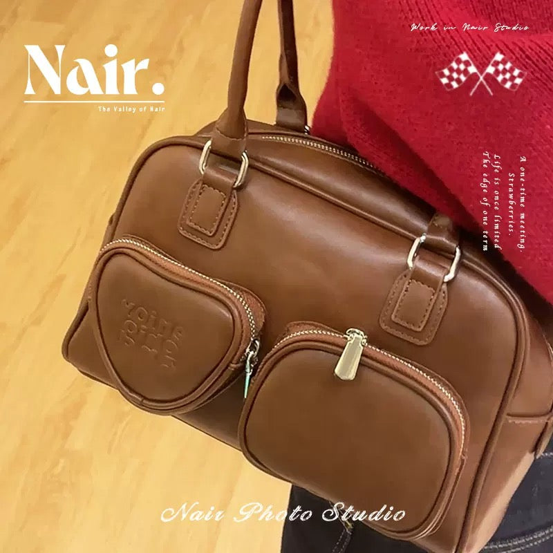 Double pocket brown Tote bag Premium preppy women's hand bill shoulder bag niche premium touch bag