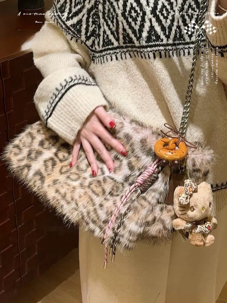 Leopard print faux fox fluffy bag atmosphere sense of personality single-shoulder cross bag female autumn winter