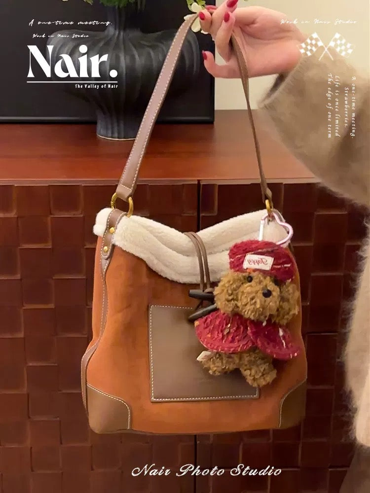 Lamb wool fabric shoulder bag double brown high-grade atmosphere sense shoulder bag female autumn and winter