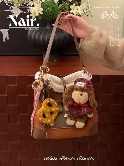 Lamb wool fabric shoulder bag double brown high-grade atmosphere sense shoulder bag female autumn and winter