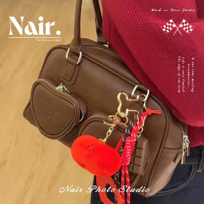 Double pocket brown Tote bag Premium preppy women's hand bill shoulder bag niche premium touch bag