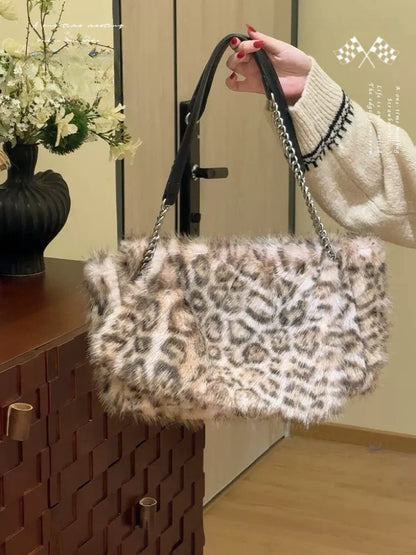 Leopard print faux fox fluffy bag atmosphere sense of personality single-shoulder cross bag female autumn winter