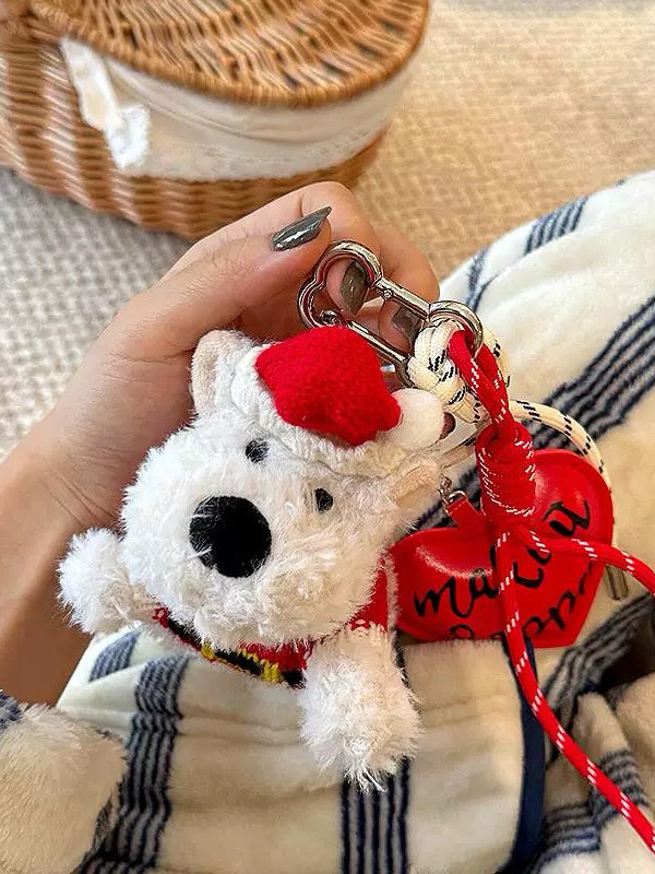 Christmas cute West Highland Scribbled puppy plush vintage bag pendant keychain accessory doll gift