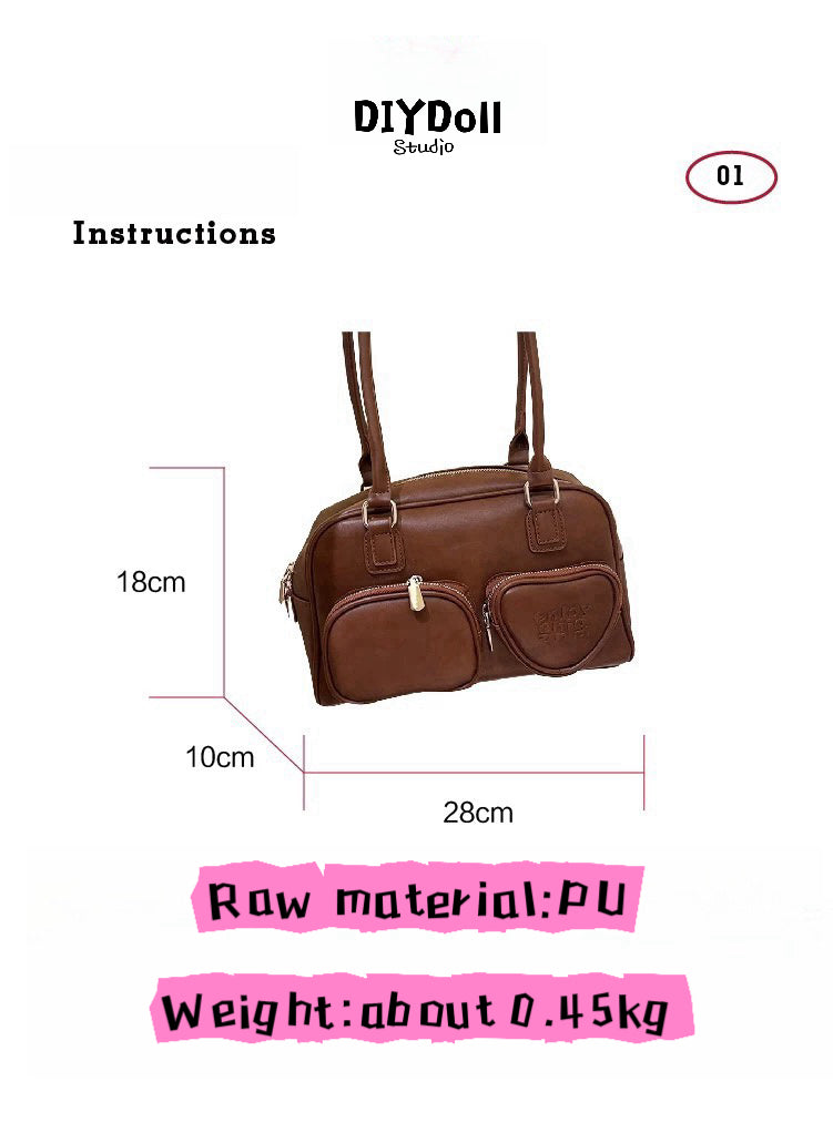 Double pocket brown Tote bag Premium preppy women's hand bill shoulder bag niche premium touch bag