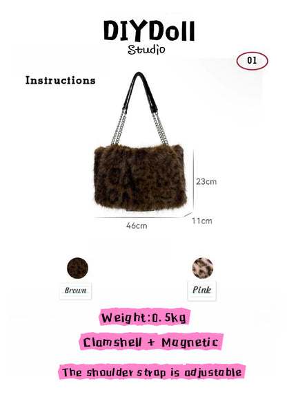 Leopard print faux fox fluffy bag atmosphere sense of personality single-shoulder cross bag female autumn winter