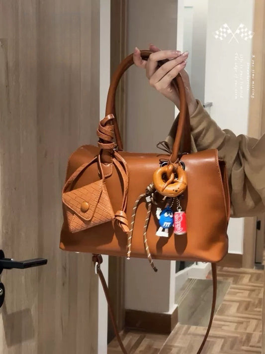 Brown Tote Bag Small bag pendant combination Premium commuter Tote classic fashion women's bag