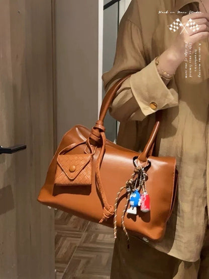 Brown Tote Bag Small bag pendant combination Premium commuter Tote classic fashion women's bag