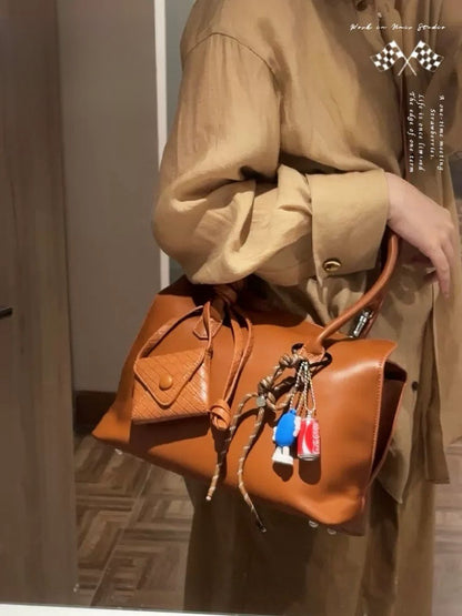 Brown Tote Bag Small bag pendant combination Premium commuter Tote classic fashion women's bag