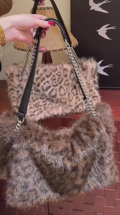 Leopard print faux fox fluffy bag atmosphere sense of personality single-shoulder cross bag female autumn winter